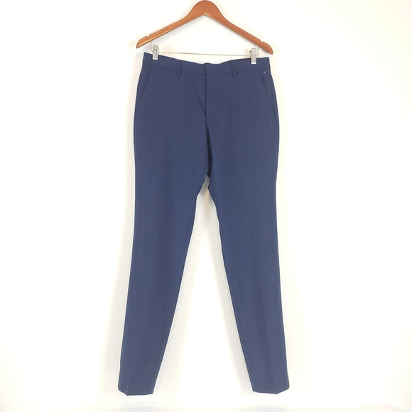NEW!! HUGO BOSS SIZE 30x32 Men Slim-Fit Navy Blue Plaid Wool Dress Pants FLAW - Picture 1 of 15